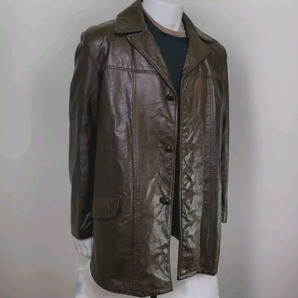 VTG Sears Leather Shop Car Coat Removable Faux Fur Lining Brown Men's 40 Tall